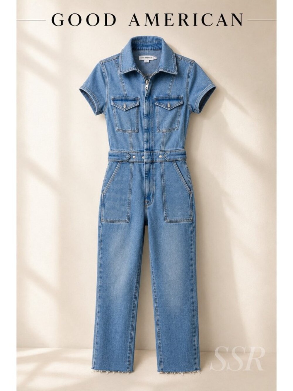 Good American Fit For Success Denim Jumpsuit Size S Light Wash Zip Front Utility